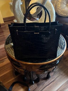 Furla Black Croc-Embossed Leather Satchel